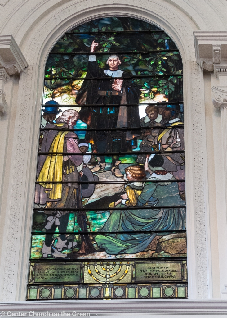 Tiffany window installed 1894, depicting Rev. Davenport delivering his first sermon after landing here in 1638.